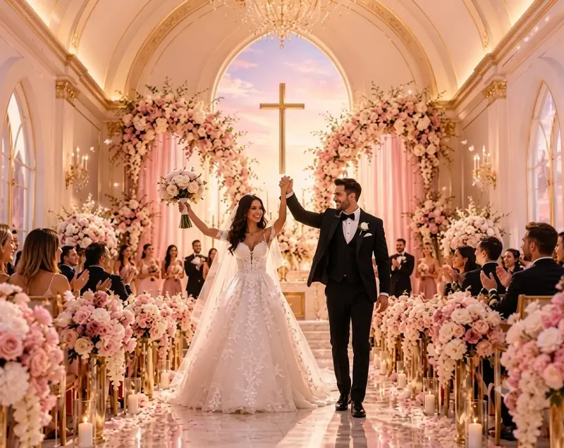 A radiant couple celebrating their love in a chapel filled with pink and white flowers at golden hour