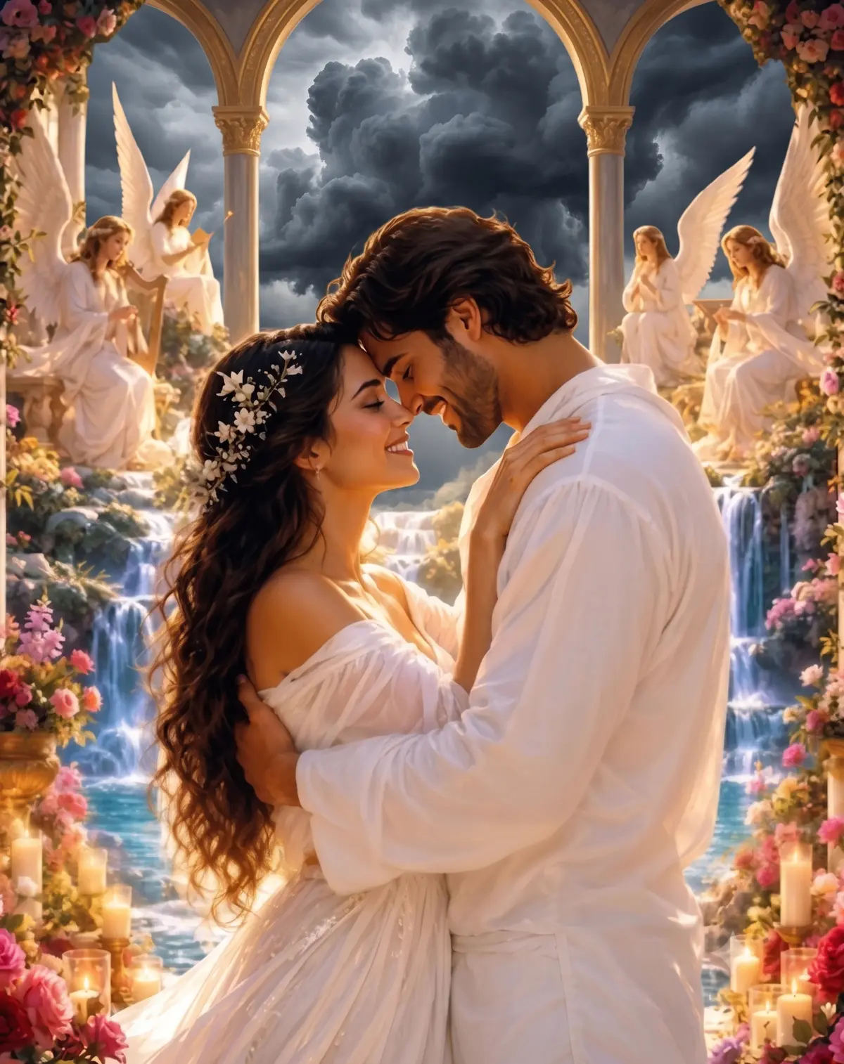 A couple held in a tender embrace surrounded by angels, flowers, and golden light