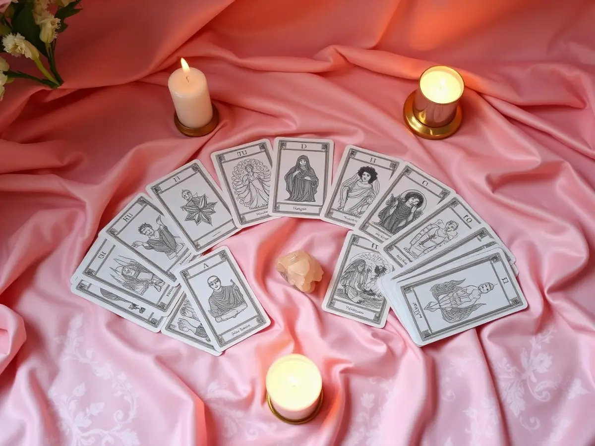 Elegant tarot card spread fanned across blush silk with candles and crystals